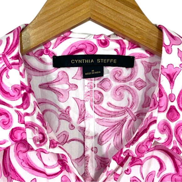 Cynthia Steffe White and Pink Paisley Print Button Front Dress with Belt Medium - Picture 6 of 6